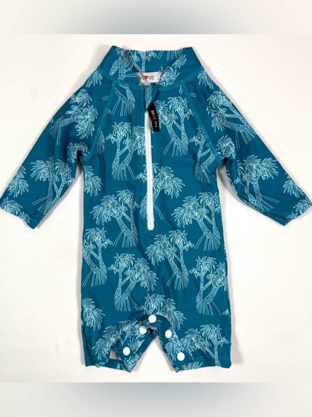 FOR LOVE Unisex Baby Rash‎ Guard Romper 0-6 M Palm Print Coastal Beach Swim Teal